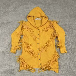 Gil Aimez Cardigan Sweater Womens Medium Yellow Hooded Pockets Wool Fringe Boho